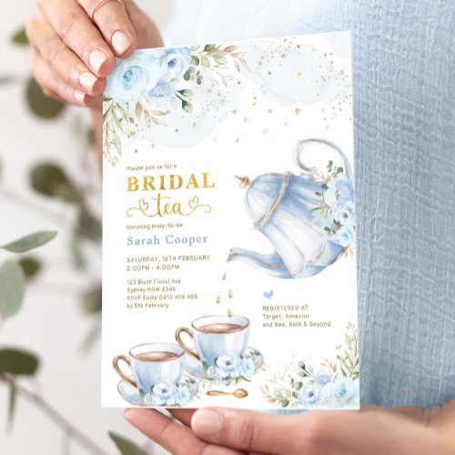 Dusty Blue Gold Floral Bridal Shower Tea Party Invitation