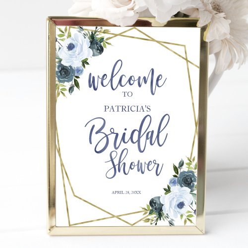 Dusty Blue Gold Floral Bridal Shower Welcome Poster