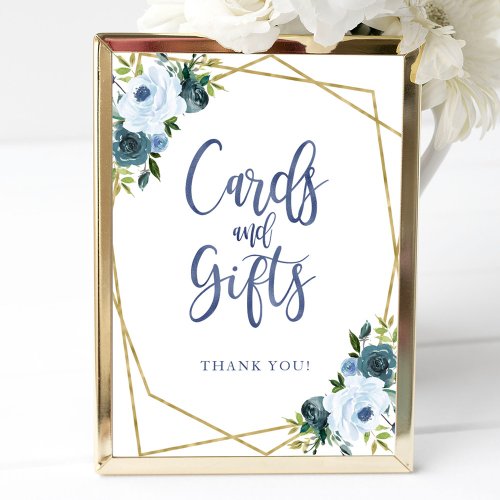 Dusty Blue Gold Floral Cards And Gifts Sign