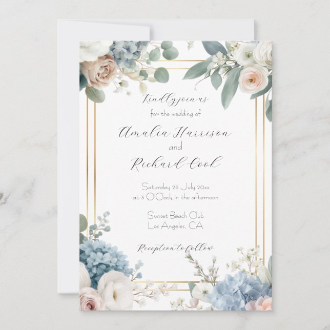 Dusty Blue Gold Floral Customizable Wedding  Invitation (Front)