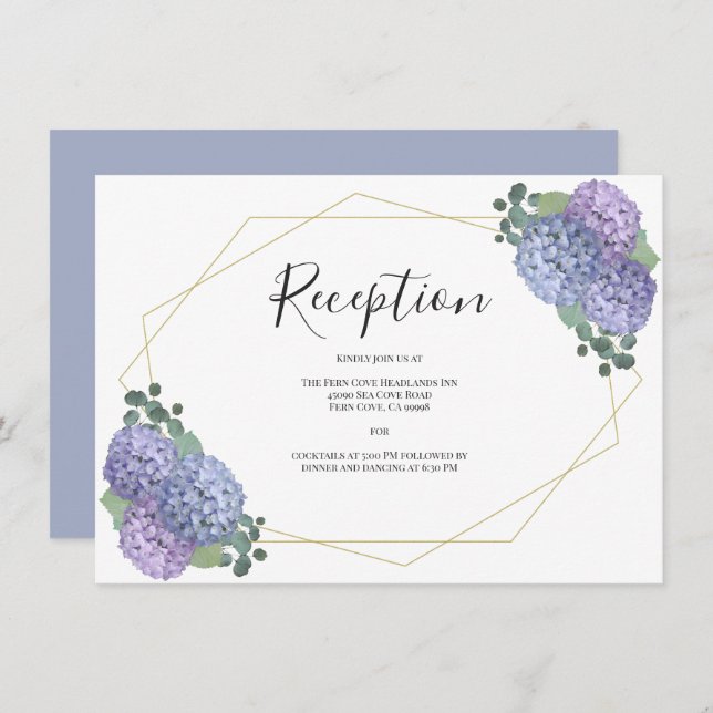 Dusty Blue Gold Floral Geometric Wedding Reception Enclosure Card (Front/Back)