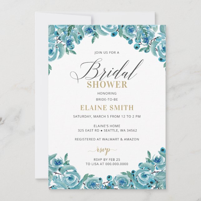 Dusty Blue Gold Floral Modern Bridal Shower  Invitation (Front)