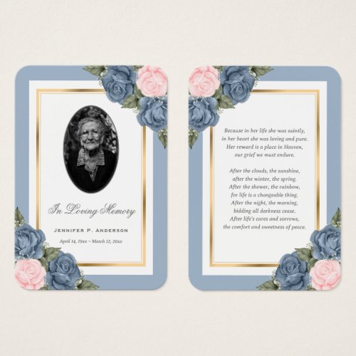 Dusty Blue Gold Floral Photo Memorial Prayer Card