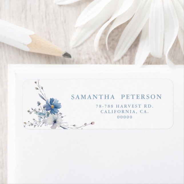Dusty Blue Gold Floral Spring Bloom Wedding Label (Insitu)