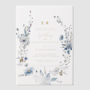 Dusty Blue Gold Floral Spring Bloom Wedding Vellum Invitations