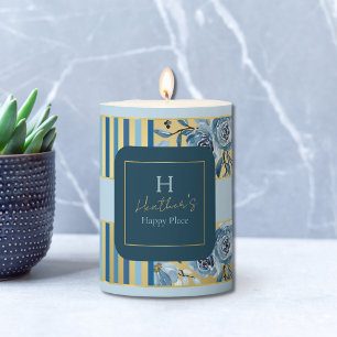 Dusty Blue Gold Floral Stripe Monogram Personalize Pillar Candle