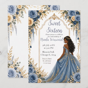 Dusty Blue Gold Floral Sweet Sixteen Party Invitation