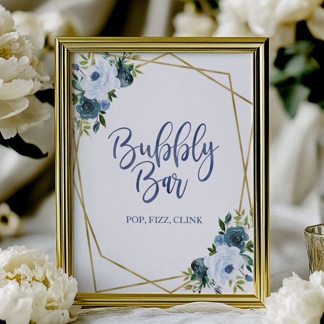Dusty Blue Gold Floral Watercolor Bubbly Bar Sign (Creator Uploaded)