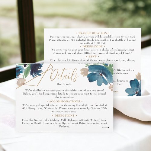 Dusty blue gold Floral Watercolor wedding details Enclosure Card