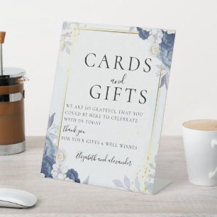 Dusty Blue Gold Floral wedding Cards & Gifts Pedestal Sign