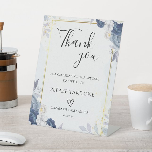 Dusty Blue Gold Floral wedding favors Pedestal Sign (In SItu)