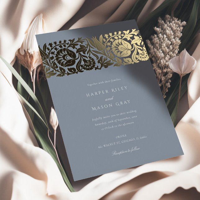 Dusty Blue Gold Floral Wedding Foil Invitation (Creator Uploaded)