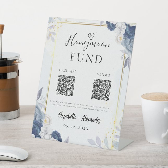 Dusty Blue Gold Floral wedding Honeymoon Fund Pedestal Sign (In SItu)