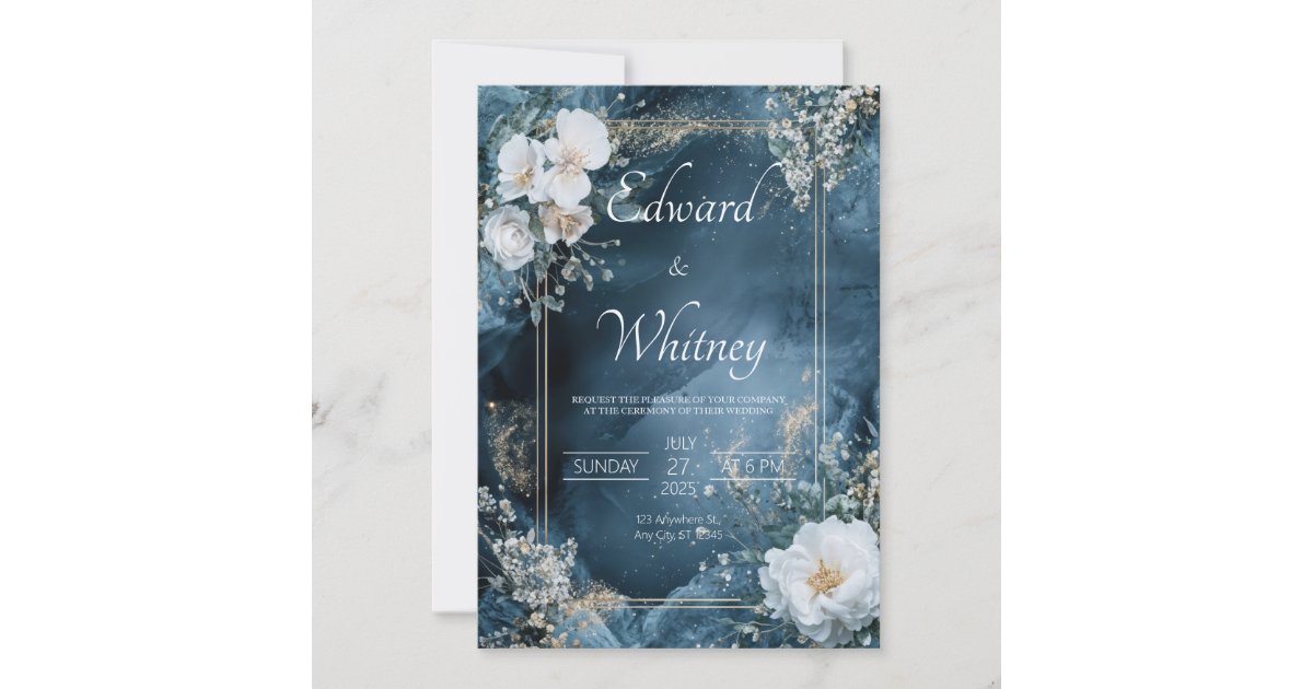 Dusty Blue & Gold Floral Wedding Invitation | Zazzle