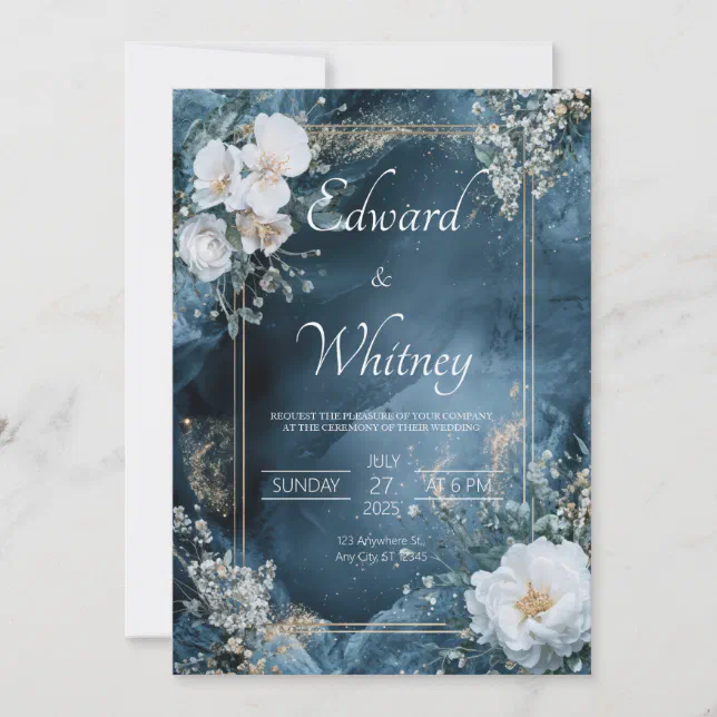 Dusty Blue & Gold Floral Wedding Invitation | Zazzle