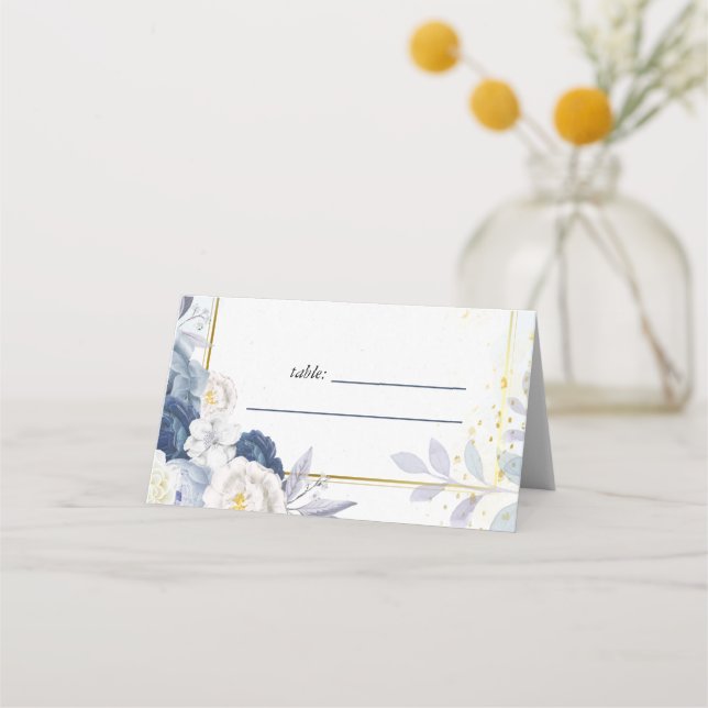 Dusty Blue Gold Floral Wedding Place Card (Front)