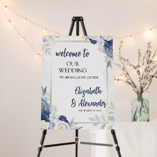 Dusty Blue Gold Floral Wedding Welcome Sign