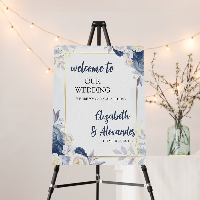 Dusty Blue Gold Floral Wedding Welcome Sign (In Situ (Stand))
