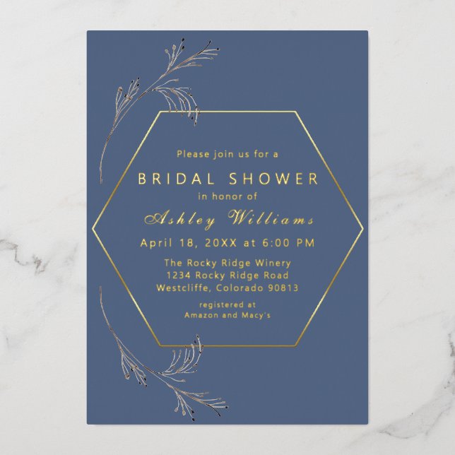 Dusty Blue Gold Foil Bridal Shower Invitation (Front)