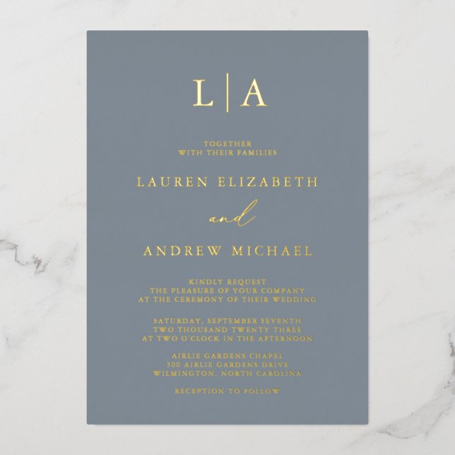 Dusty Blue Gold Foil Monogram Minimalist Wedding Foil Invitation (Front)