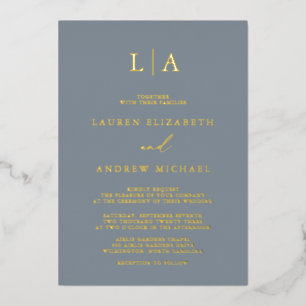 Dusty Blue Gold Foil Monogram Minimalist Wedding Invitation
