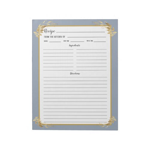 Dusty Blue Gold Foliage Recipe Binder Notepad
