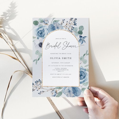 Dusty blue gold frame bridal shower invitation