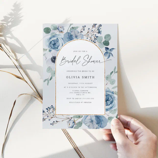 Dusty blue gold frame bridal shower invitation | Zazzle