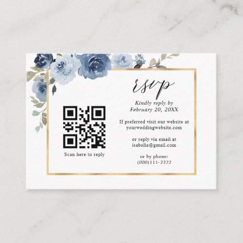 Dusty Blue Gold Frame Floral QR Code Wedding RSVP Enclosure Card