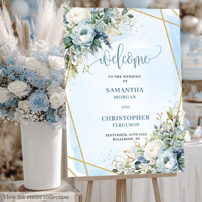 Dusty Blue Gold Frame Floral Wedding Welcome Sign (Dusty Blue Gold Frame Floral Wedding Welcome Sign)