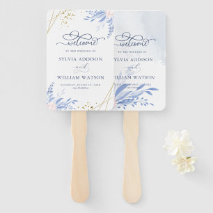 Dusty Blue Gold Geometric Pink Floral Wedding Hand Fan
