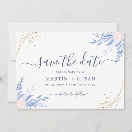 Dusty Blue Gold Geometric Pink Floral Wedding Save The Date