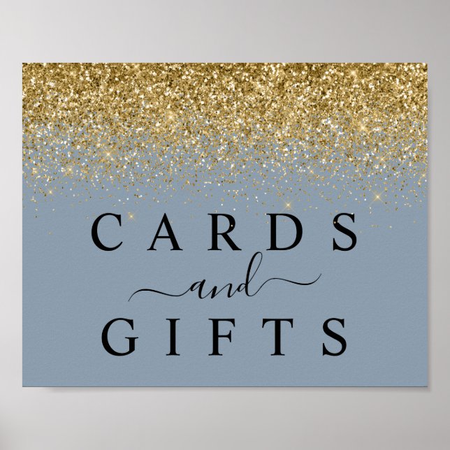 Dusty Blue & Gold Glitter Cards & Gifts Table Sign (Front)