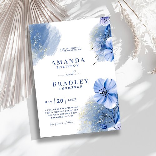 Dusty Blue  Gold Glitter Elegant Floral Wedding Invitation