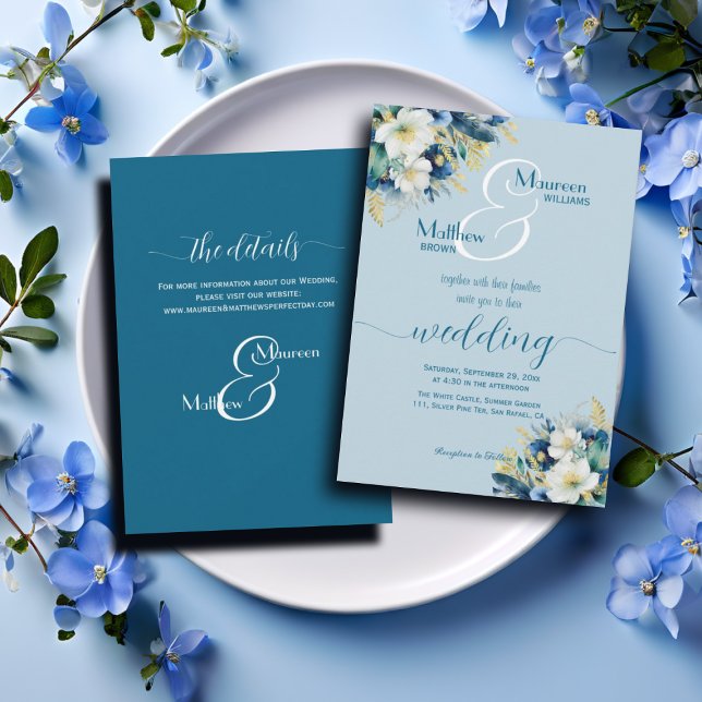 Dusty Blue Gold Glitter Floral and Details Wedding Invitation (Creator Uploaded)