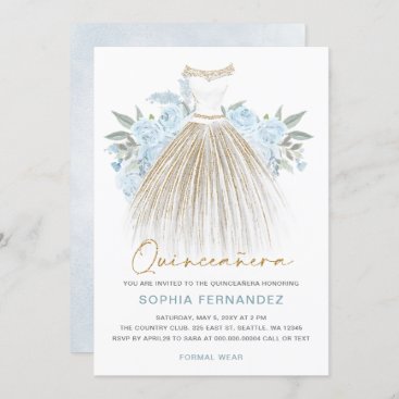 Dusty Blue gold glitter Floral Dress Quinceañera Invitation