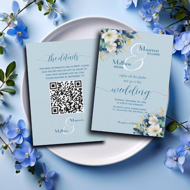 Dusty Blue Gold Glitter Floral QR Code Wedding Invitation (Creator Uploaded)