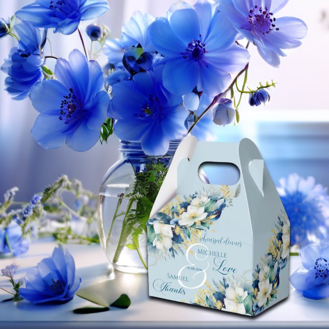 Dusty Blue Gold Glitter Floral Rehearsal Dinner Favor Boxes (Creator Uploaded)