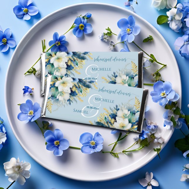 Dusty Blue Gold Glitter Floral Rehearsal Dinner Hershey Bar Favors (Creator Uploaded)