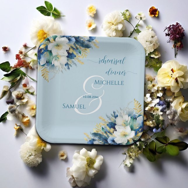 Dusty Blue Gold Glitter Floral Rehearsal Dinner Paper Plates (Creator Uploaded)