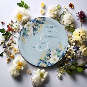 Dusty Blue Gold Glitter Floral Rehearsal Dinner Paper Plates
