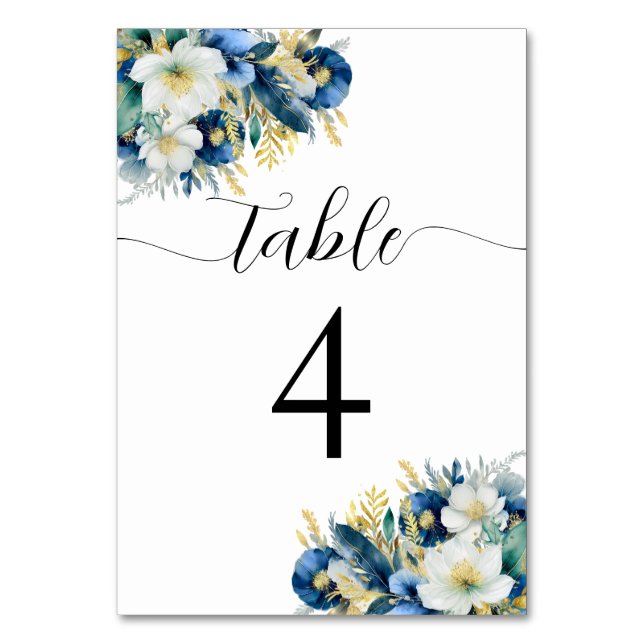 Dusty Blue Gold Glitter Floral Table Number (Front)