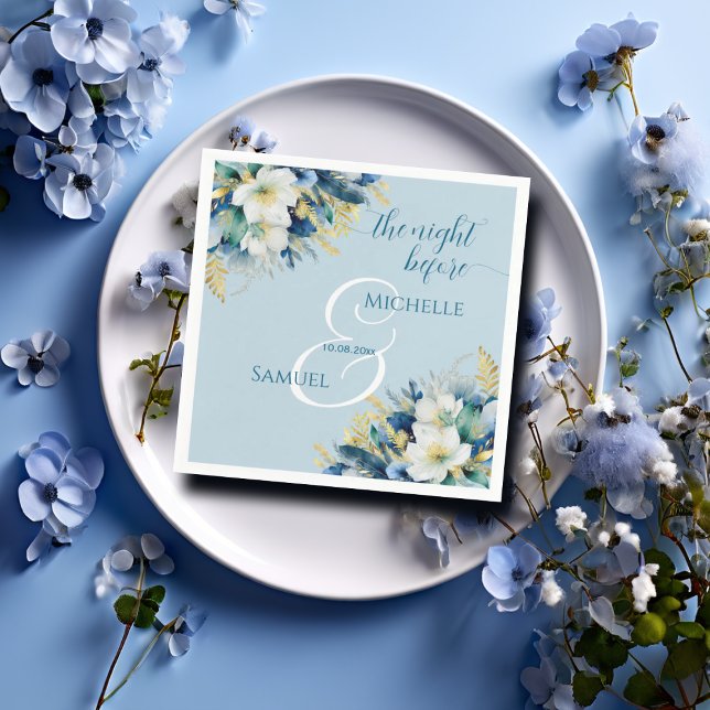 Dusty Blue Gold Glitter Floral The Night Before Napkins (Creator Uploaded)