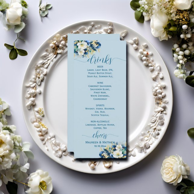 Dusty Blue Gold Glitter Floral Wedding Bar Menu (Creator Uploaded)