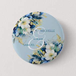Dusty Blue Gold Glitter Floral Wedding Button