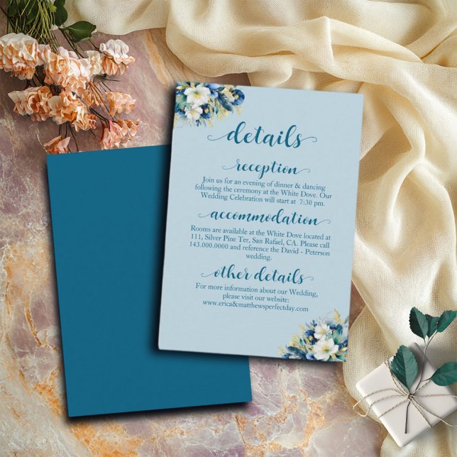 Dusty Blue Gold Glitter Floral Wedding Details Enclosure Card (Creator Uploaded)