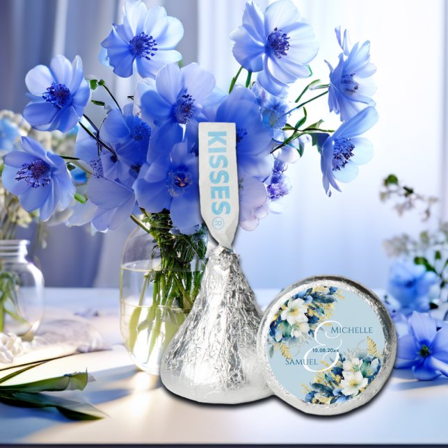 Dusty Blue Gold Glitter Floral Wedding Hershey®'s Kisses® (Creator Uploaded)