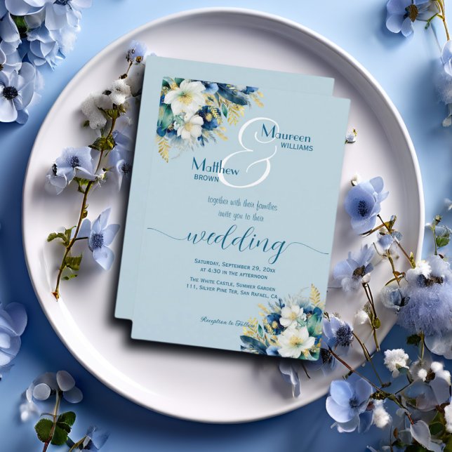 Dusty Blue Gold Glitter Floral Wedding Invitation (Creator Uploaded)