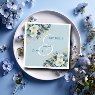 Dusty Blue Gold Glitter Floral Wedding Napkins