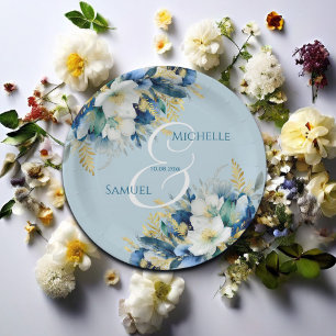 Dusty Blue Gold Glitter Floral Wedding Paper Plates